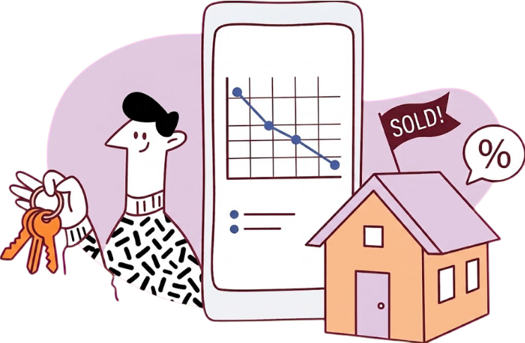 Comparing mortgage rates on a phone beside a sold home