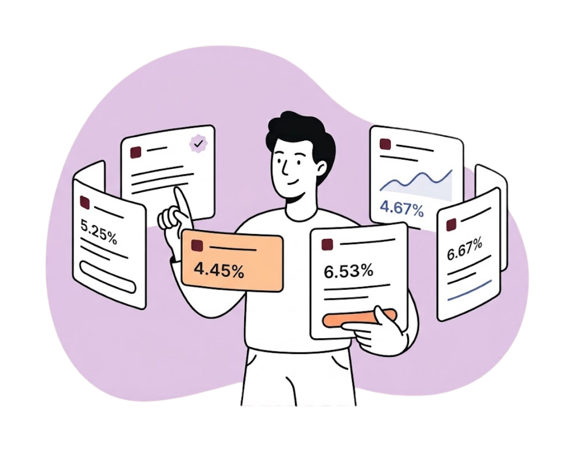 Comparing mortgage rates from several lenders side by side, with one option highlighted as the best fit