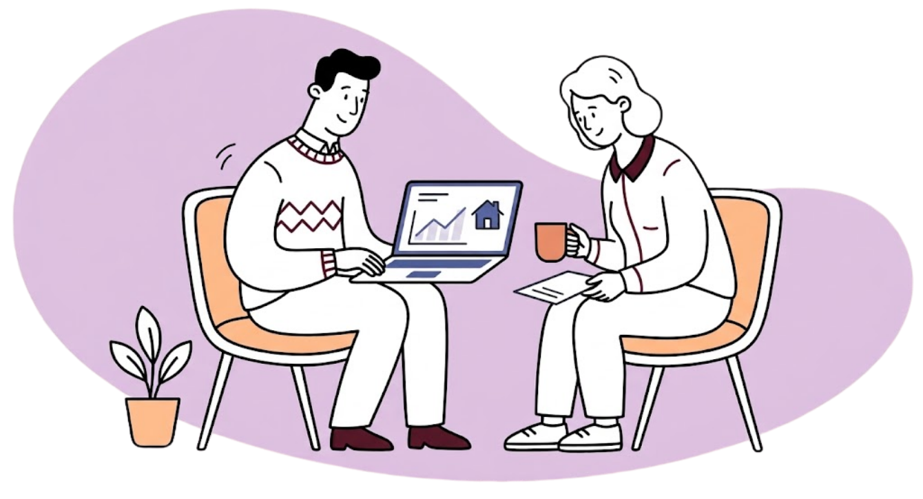 A mortgage adviser sitting beside a client, comparing home loan rates together on a laptop